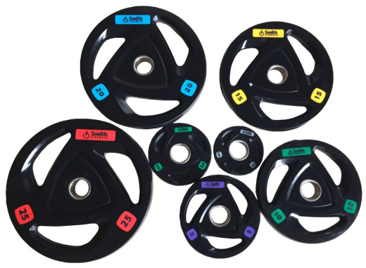 Диск для штанги c 3-м хватом, обрезиненный, втулка из нержавеющей стали, Smith WP085 15 кг - фото 2